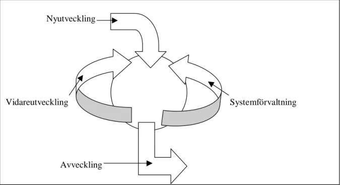Figur 9: Ett informationssystems livscykel (Efter Bergvall &amp; Welander, 1996, s. 14)