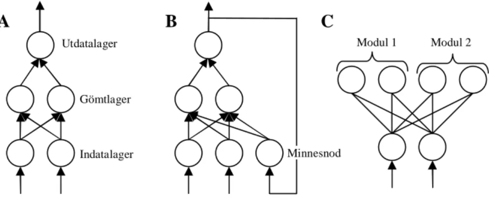 Figur 3. A: Framåtmatat nätverk, B: Återkopplat nätverk, C: Modulärt nätverk. 