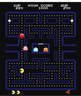 Figur 1  Datorspelet Pacman (Namco, 1980) visar asymmetri mellan spelare  och AI.  
