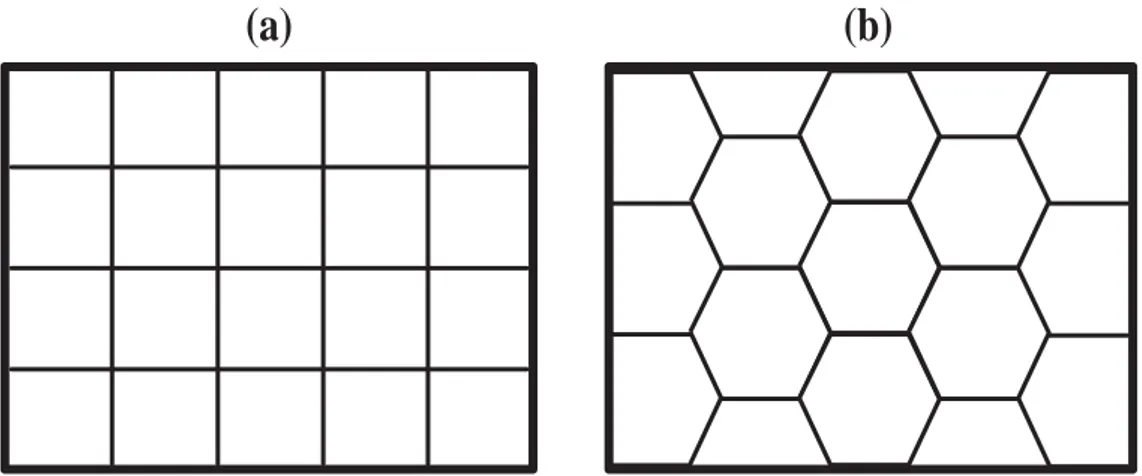 Figure 4.2: Examples of region patterns using (a) squares and (b) hexagons. Hexagons have the advantage of reducing the number of close neighbors (six  in-stead of eight), but may not always be suitable (e.g