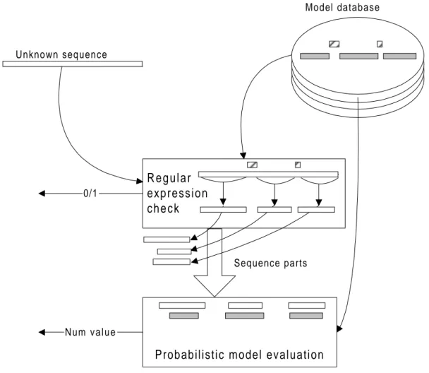 Figure 4.3  Analysing an unknown sequence with a database of hybrid models