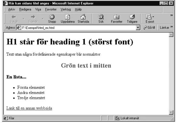 Figur 4. Exempel på ett HTML-dokument tolkat i webbläsare. Märkorden som talar om 