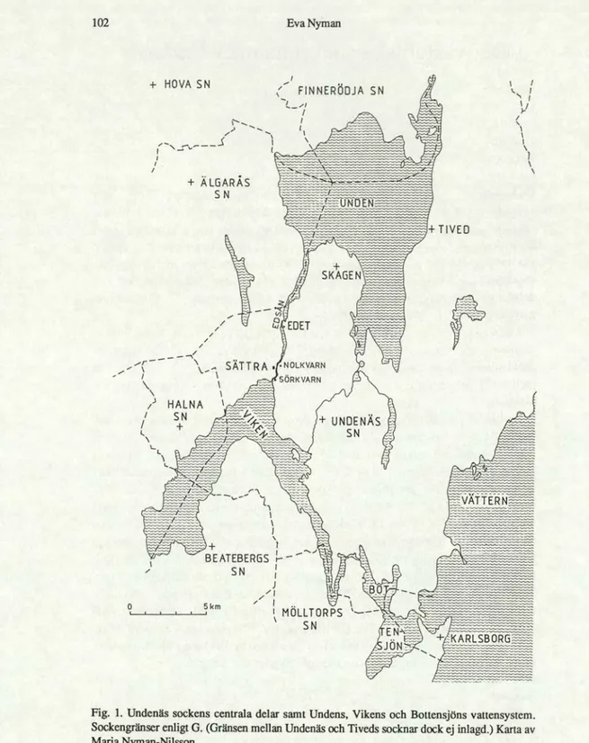 Fig. 1. Undenäs sockens centrala delar samt Undens, Vikens och Bottensjöns vattensystem