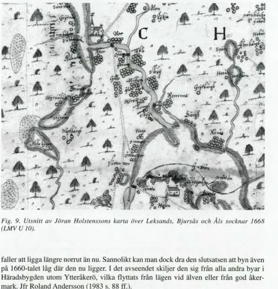 Fig. 9. Utsnitt av Jöran Holstenssons karta över Leksands, Bjursås och Åls socknar 1668  (LMV U 10)