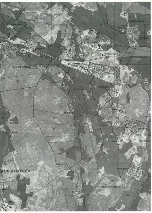 Fig 1. Kartan visar traktnamnen i gamla Funbo socken i nuvarande Uppsala kommun.  Förminskad detalj av ekonomiska kartan 1117c (1980)