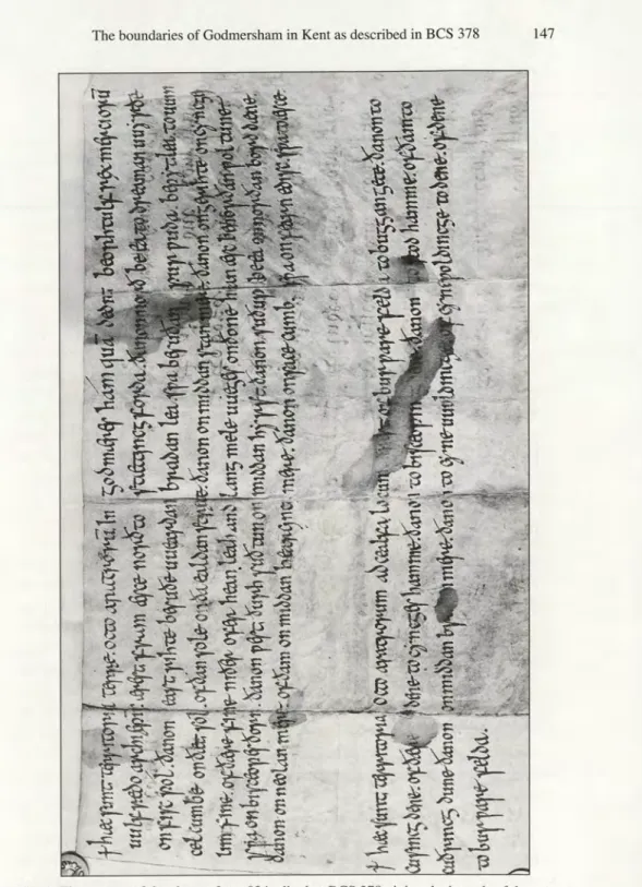 Fig.  1. The reverse of the charter from 824 edited as BCS 378 giving the bounds of the two  estates of Godmersham and Challock in Old English