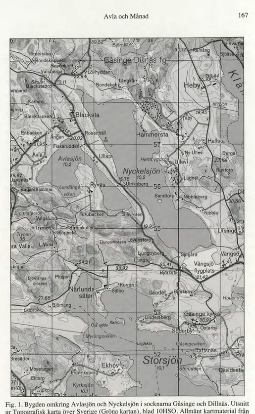 Fig. 1. Bygden omkring Avlasjön och  Nyckelsjön i socknarna Gåsinge och Dillnäs. Utsnitt  ur Topografisk karta över Sverige (Gröna kartan), blad 10HSO