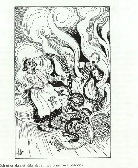 Illustration av Jenny Nyström till sagan om Det svarta skrinet och det röda i Svenska  folksagor, utg