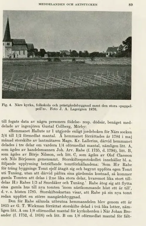Fig. 4. Närs kyrka, folkskola och prästgårdsbyggnad samt den stora »puppel- »puppel-peil'n»
