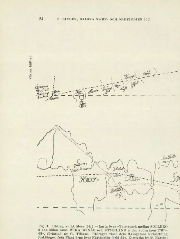 Fig. 4. Utdrag av Lk Mora 14:2 = karta över »Tvistepark mellan SOLLER0  å ena sidan samt WIKA WINÄS och UTMELAND å den andra åren  1767-68», författad av G