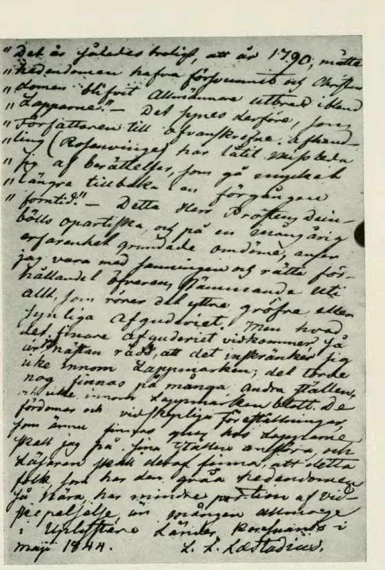 Fig. 2. En sida ur inledningen (»Erinran till Läsaren») till de tre senare delarna av Lxstadius'  handskrift