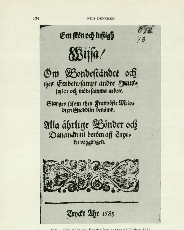 Fig. 1. Titelsidan av »Bonden han aehtar pit Tijden» 1685. 