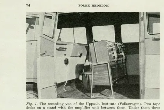 Fig. 1.  The recording van of the Uppsala Institute (Volkswagen). Two tape  decks on a stand with the amplifier unit between them