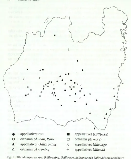 Fig. 1. Utbredningen av  ron, (käll)roning, (käll)ro(e), källrunge  och  källrodd  som appellativ  och ortnamnselement