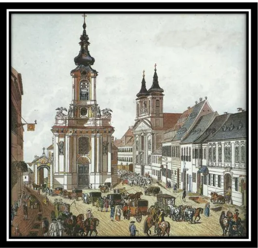 Figur 1. Painting by Joseph Ziegler showing the church of the suburb of Landstraße, where Mozart  resided for some months in 1787