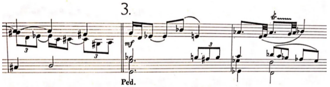 Fig. 9. I sista takten av variation 2 skärper  tonsättaren det rytmiska förloppet med  figurer som kommer att dominera variation  3.