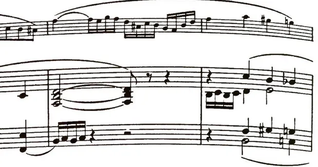 Figur 9: Exempel på kromatisk nedgång inför modulation, takt 23–24, ur pianoreduktionen