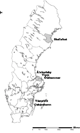 Figur 1-1. Sverigekarta med de kommuner som undersöks.