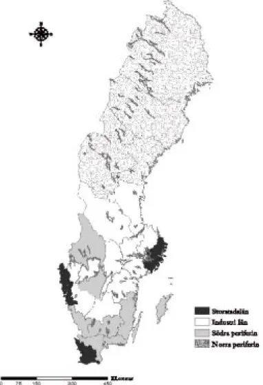 Figur 3-1. Länsindelning efter befolkningsandelar i olika sektorer perioden 1850–1980.