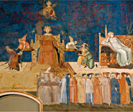 Figure 3. Ambrogio Lorenzetti, Good government, Sala della pace, North wall, Palazzo Pubblico,  Siena