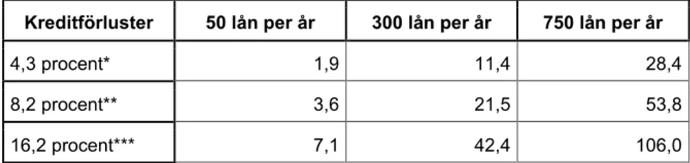 Tabell 5.3 Statens möjliga kreditförluster – ett räkneexempel, (miljoner kronor). 