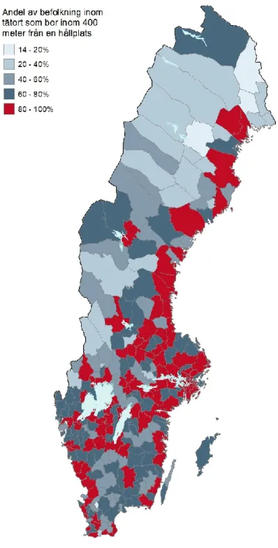 Figur 3. Andel av befolkning inom tätort som bor inom 400 meter från hållplats år  2015