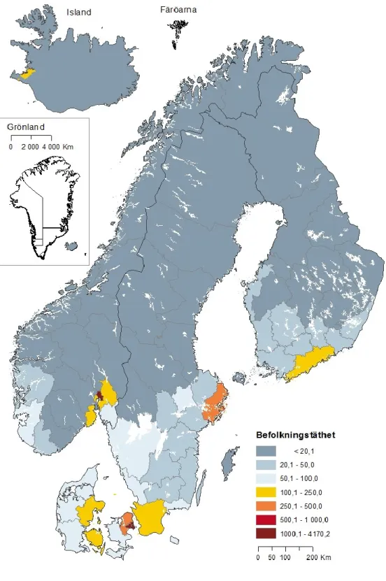 Figur 4. Befolkningstäthet per kvadratkilometer i de nordiska länderna redovisat på NUTS 3 nivå vid utgången av 2015