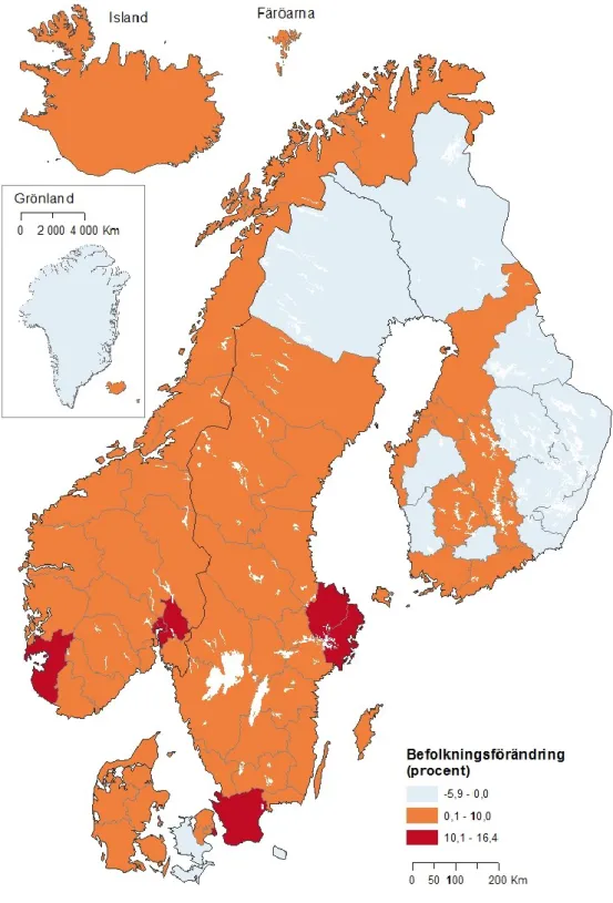 Figur 5. Befolkningsförändring i de nordiska länderna på regional nivå (NUTS 3) under åren 2010–2016 