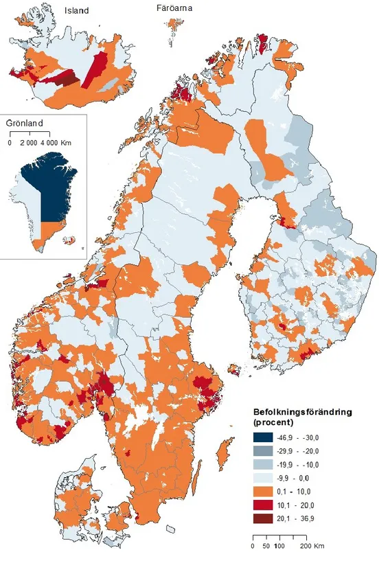 Figur 6. Befolkningsförändring i de nordiska länderna på kommunnivå under åren 2010–2016