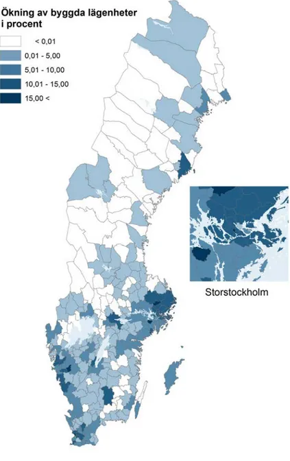 Figur 3 Ökning av antalet bostäder i kommunerna, 2005–2015 