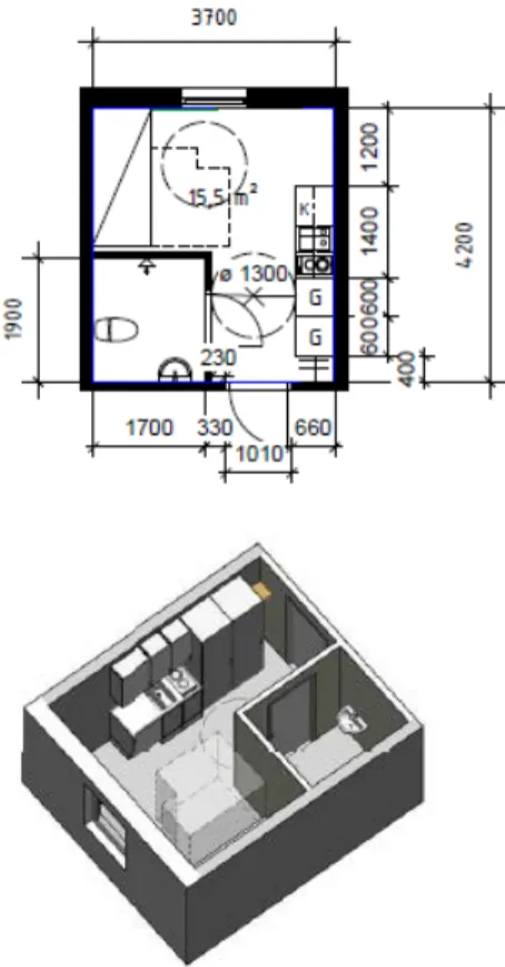 Figur 2. Exempel på bostad för en student utan gemensamma utrymmen, till- till-gänglig