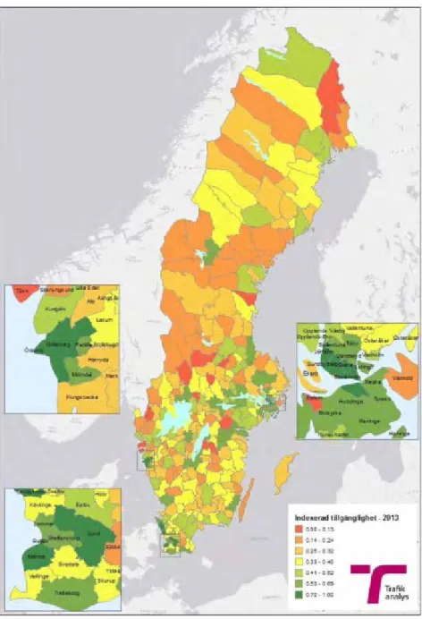 Figur 5. Exempel på redovisning av indikatorn hämtad ur Uppföljning av de trans- trans-portpolitiska målen (Trafikanalys 2014) sid