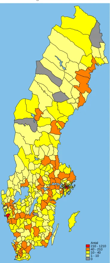 Figur 2.   Antal omfattande renoveringar per kommun   i Sverige 2008-2011  Antal 210 - 1210 40 - 210 10 - 40 1 - 10 0