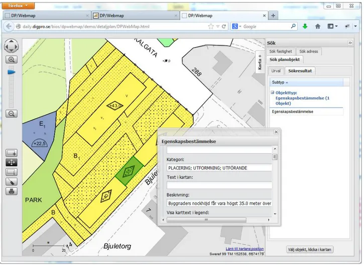 Figur 1  Interaktiv Detaljplanskarta som visar tillåten byggnadshöjd i den markerade (gröna) byggnaden  4.6