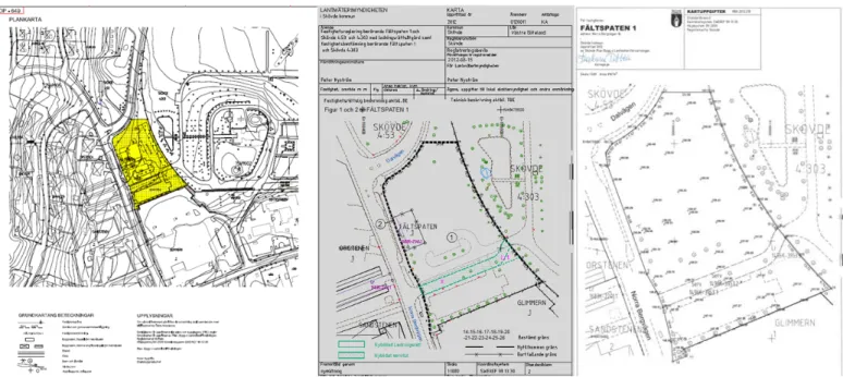 Figur 2. Plankarta, fastighetsbildningskarta och nybyggnadskarta  över samma område. Bilderna är hämtad från Viannova och  Skövde kommuns demonstrator
