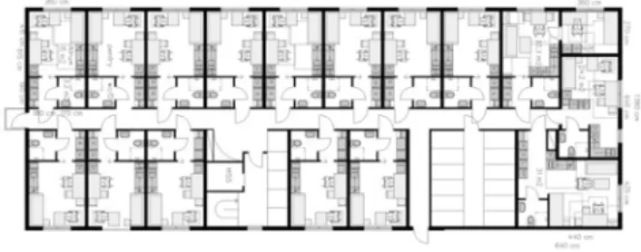 Figur 10  Exempel Kviberg 3, planlösningsstudie, ursprungligen 13  studentbostäder, som exemplet här visar kan man få in 16 