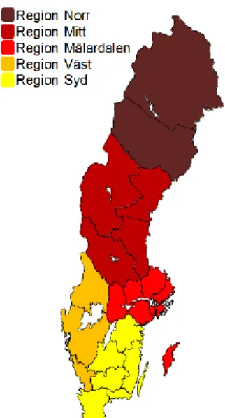 Figur 2. Regionindelning.  Denna  kommer att användas framöver i  rapporten.