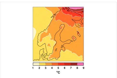 Figur 1 . Förändring i årsmedeltemperaturen för perioden 2071–2100 jämfört med normalperio- normalperio-den 1961–1990