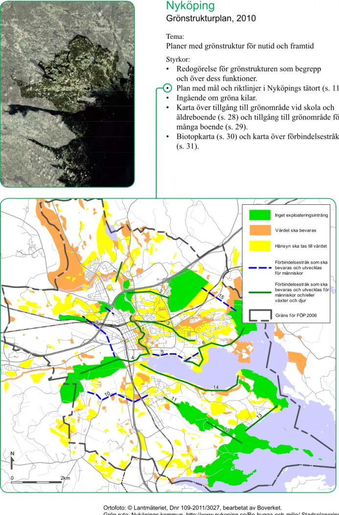 Tabell 0. Förklaring av färgklassning samt mål och riktlinjer för grönområden och förbindelsestråk  som redovisas i kartan över grönstrukturen i Nyköpings tätort, karta 0