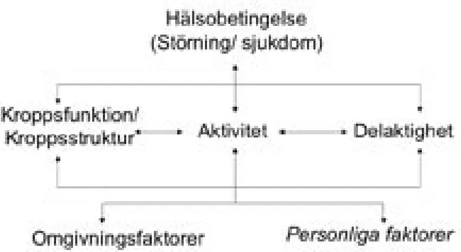 Figur 3.  Interaktio- Interaktio-ner mellan  kompo-nenter i ICF 2001.  Dynamisk modell