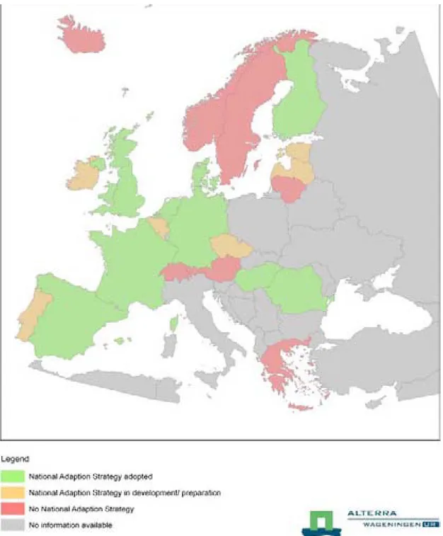 Figur 5. De medlemsländer som hittills arbetat fram en nationell anpassningsstrategi (länder  med en nationell anpassningsstrategi i grönt) (Källa: Alterra, Wageningen) 