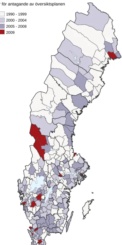 Figur 1. År för antagande av översiktsplanen  1990 - 1999 2000 - 2004 2005 - 2008 2009 År för antagande av översiktsplanen