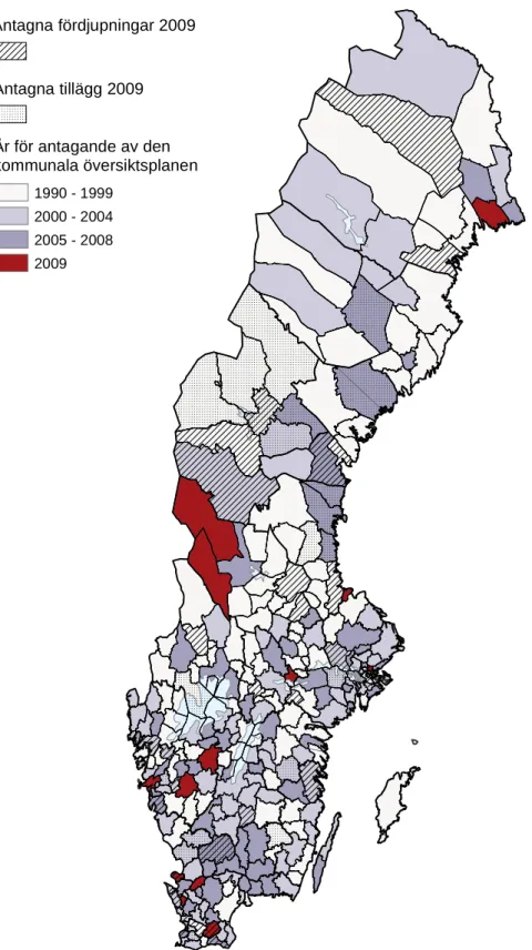 Figur 5. Antagna fördjupningar av och tillägg till översiktsplaner under 2009  Antagna tillägg 2009 Antagna fördjupningar 2009 År för antagande av den kommunala översiktsplanen 1990 - 1999 2000 - 2004 2005 - 2008 2009