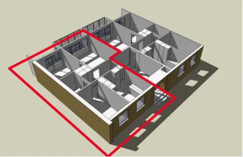 Figur 13. Simuleringen är gjord av en datamodell av en gavellägenhet (röd markering) i plan tre  av ett trevåningshus i Lindängen