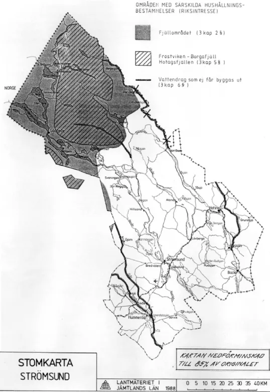 Illustration ur översiktsplan för Strömsunds kommun. Exemplet illustrerar att kartskala (här  cirka 1:800 000) gjorde jämförelser med regeringsbeslutet (skala 1: 200 000) intill 