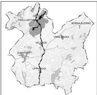Figur 2. Kartan visar bl a Trollhättans sex tätorter där centralorten är klart dominerande med mer än 80 % av befolkningen.