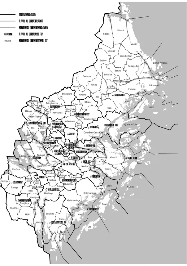 Figur 1. Länskarta med kommungränserna. SingöHäveröEdebo VäddöUnunge Björkö-ArholmaSöderby-KarlEdsbroRoslags-BroVätöEstunaLohäradFasternaRådmansöGottröraRimboMalstaSkede-ridFrötunaNorrtäljeHusby-SjuhundraSkepptunaNärtunaLännaRöBlidöHusby-ÄrlinghundraKårsta