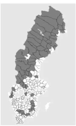 Figur 3.1 visar en karta över samtliga kommuner som enligt förslaget  skulle anses ha god tillgång till inlandsstränder