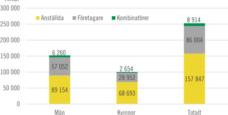 Figur 3.9  Förvärvsarbetande 65–74 år fördelat på anställda,  egna företagare och kombinatörer 2017 