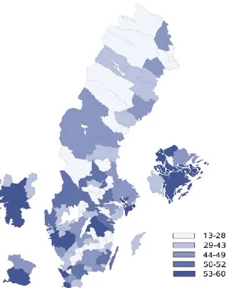 Figur 3.3  Antal inriktningar med registrerade elever  per skolpendlingsområde hösten 2018 